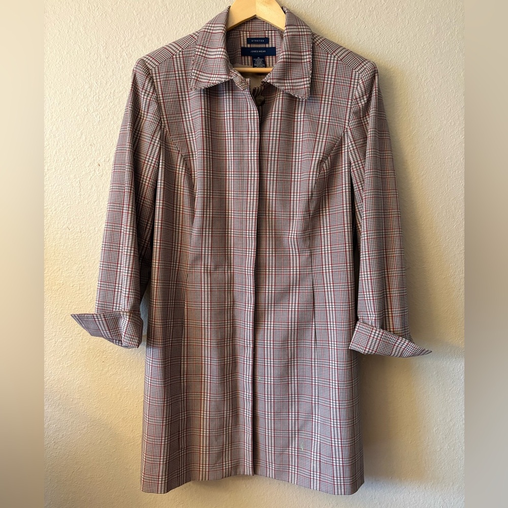 Jones Wear Red Gray Plaid Trench Coat Jacket Size 14